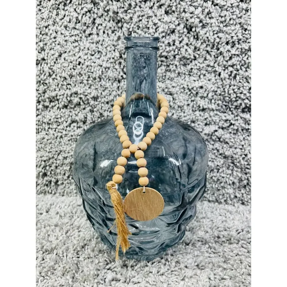 Blue Art Glass Bottle Vase With Round Wooden Beaded Tassel Garland 11